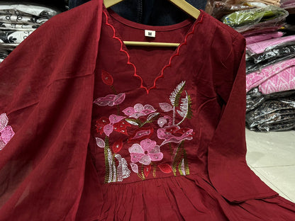 Cotton Natra Cut Kurta Set with Embroidered Dupatta - red - My Store