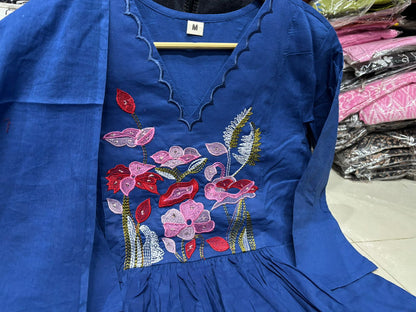 Cotton Natra Cut Kurta Set with Embroidered Dupatta - blue - My Store