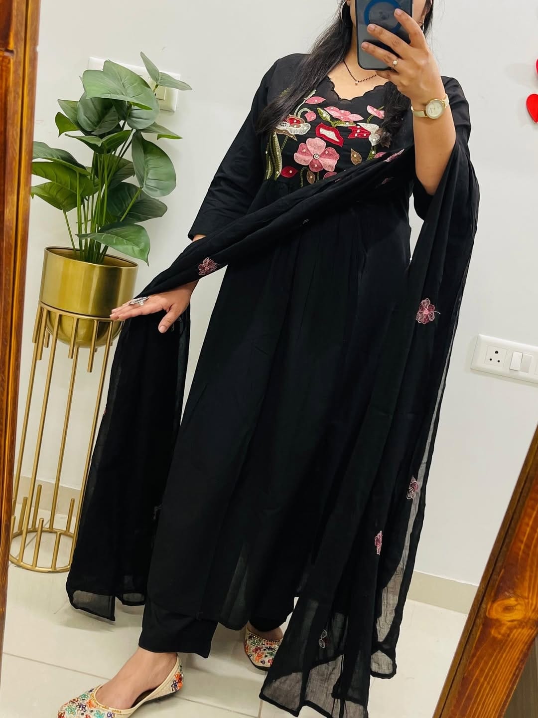 Cotton Natra Cut Kurta Set with Embroidered Dupatta - black - My Store