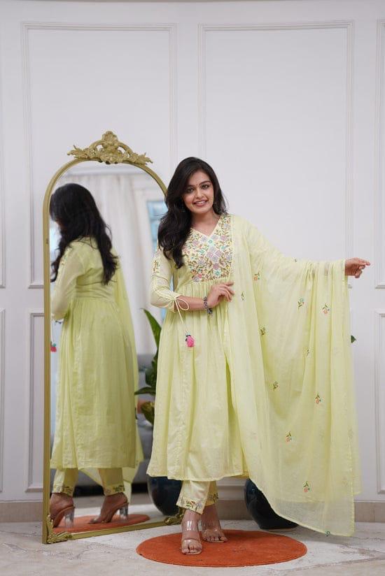 Designer Festival Wear Pure Cotton Anarkali Kurta Set - yellow - My Store