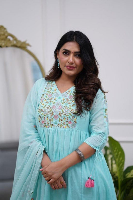Designer Festival Wear Pure Cotton Anarkali Kurta Set - sky - My Store