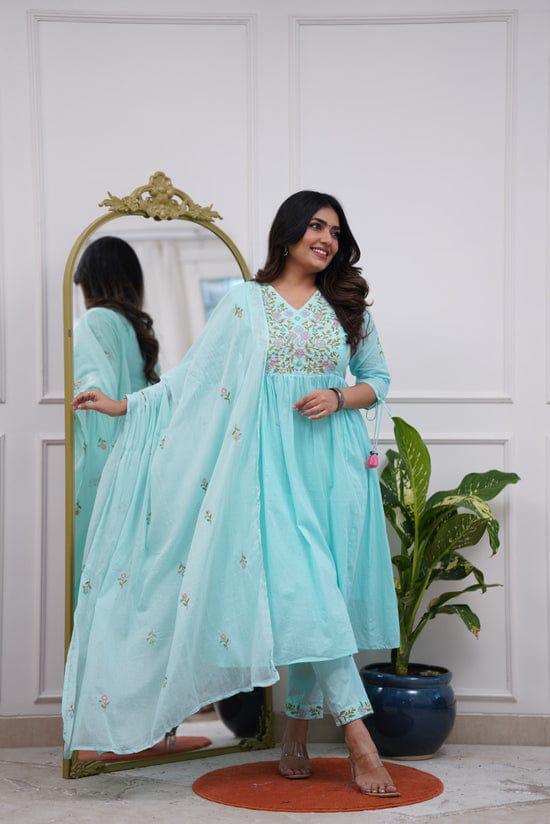 Designer Festival Wear Pure Cotton Anarkali Kurta Set - sky - My Store