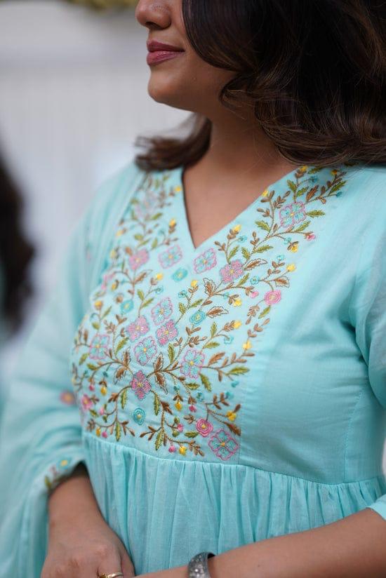 Designer Festival Wear Pure Cotton Anarkali Kurta Set - sky - My Store