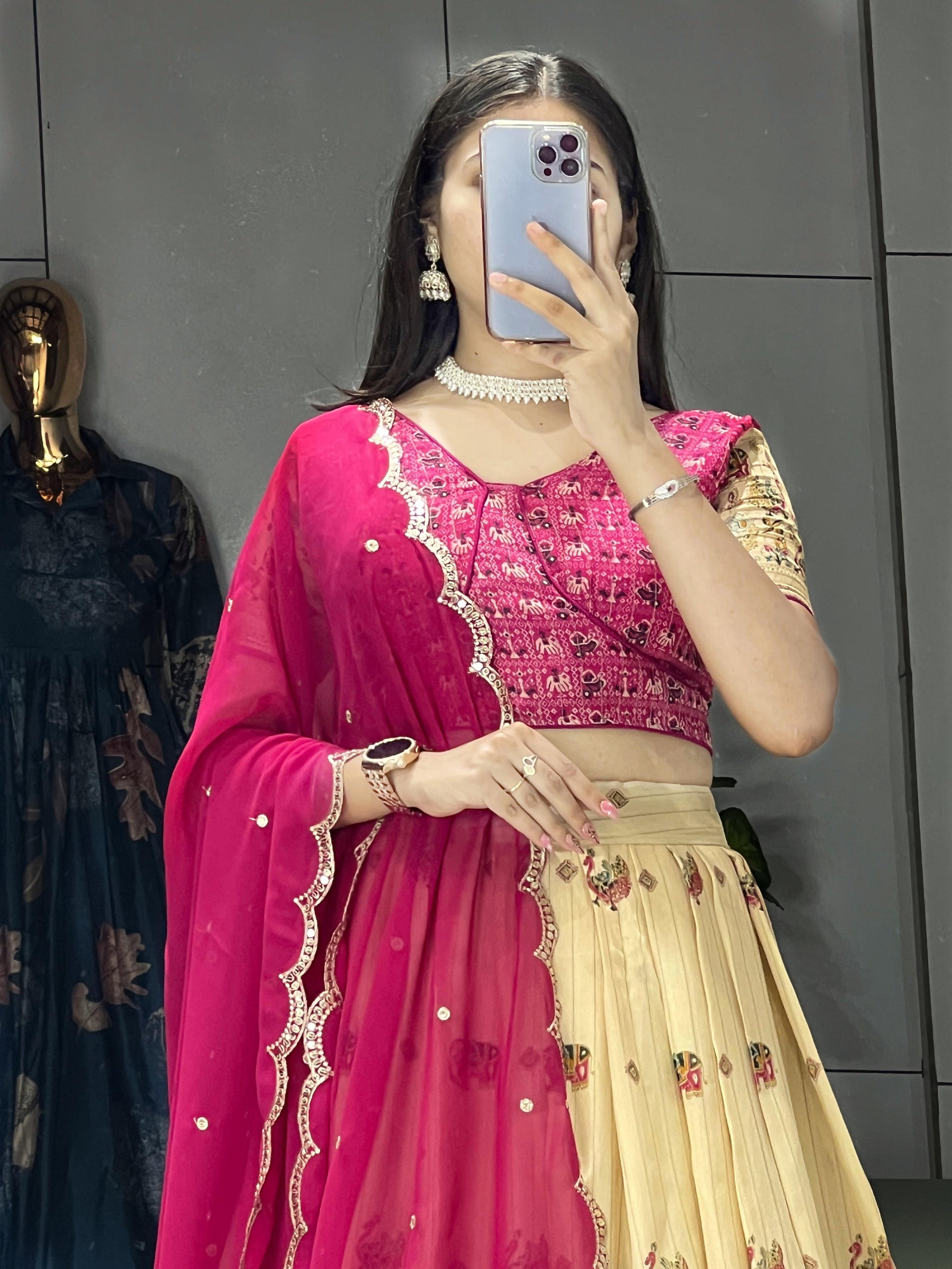 Cream Kalamkari Soft Silk Lehenga Set - My Store