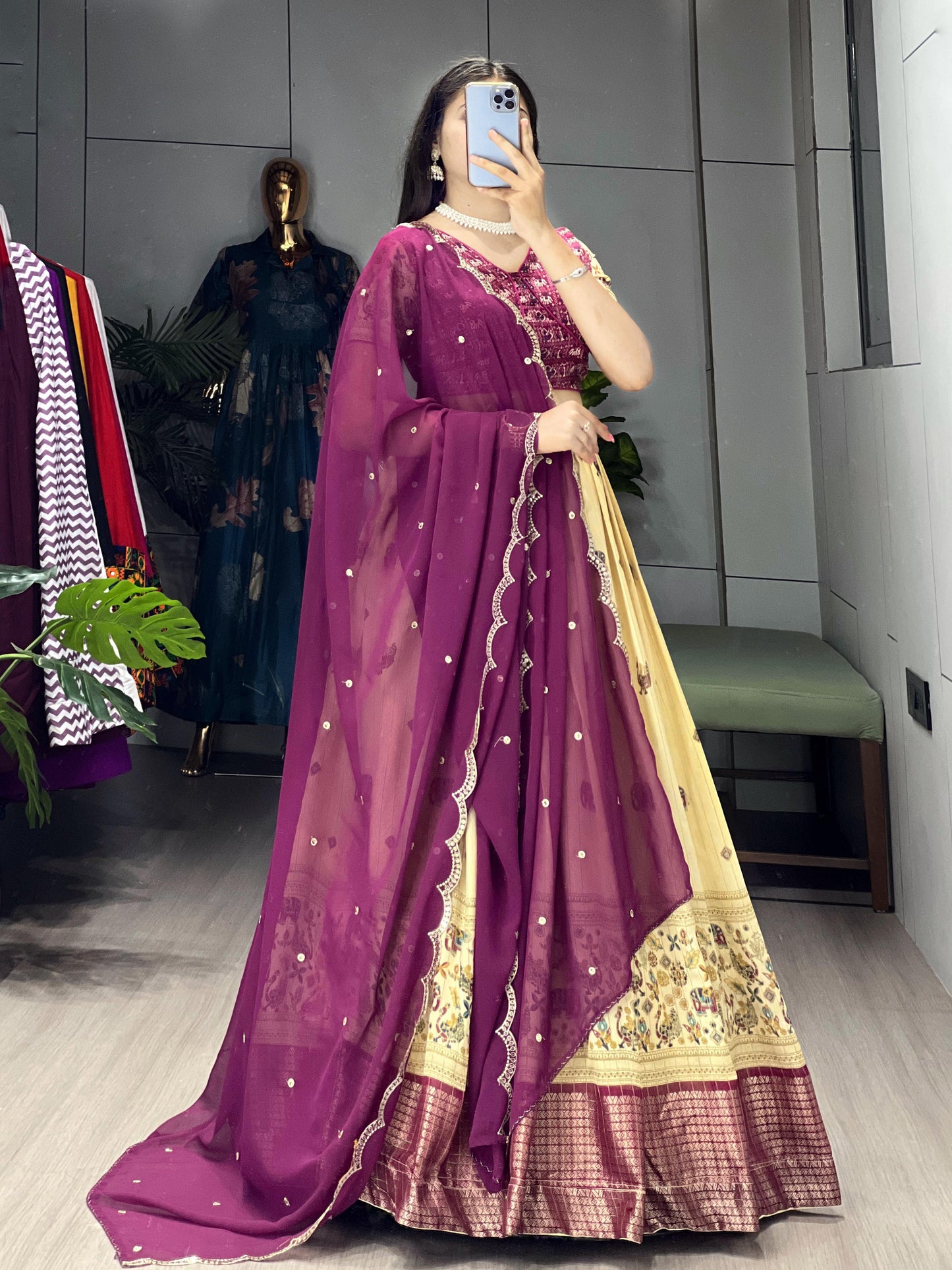 Cream Kalamkari Soft Silk Lehenga Set - My Store