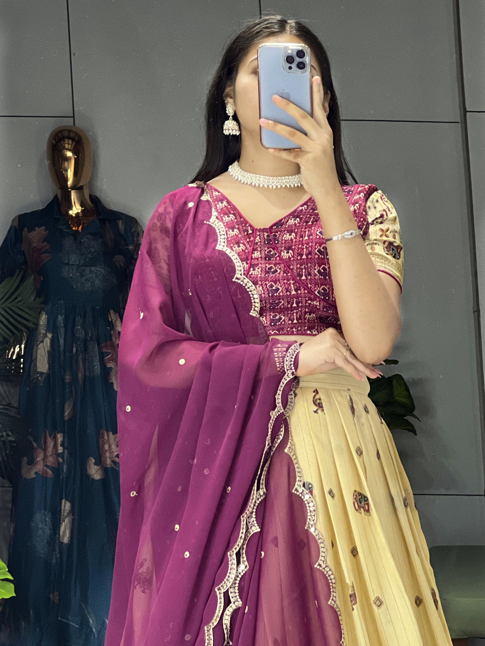 Cream Kalamkari Soft Silk Lehenga Set - My Store