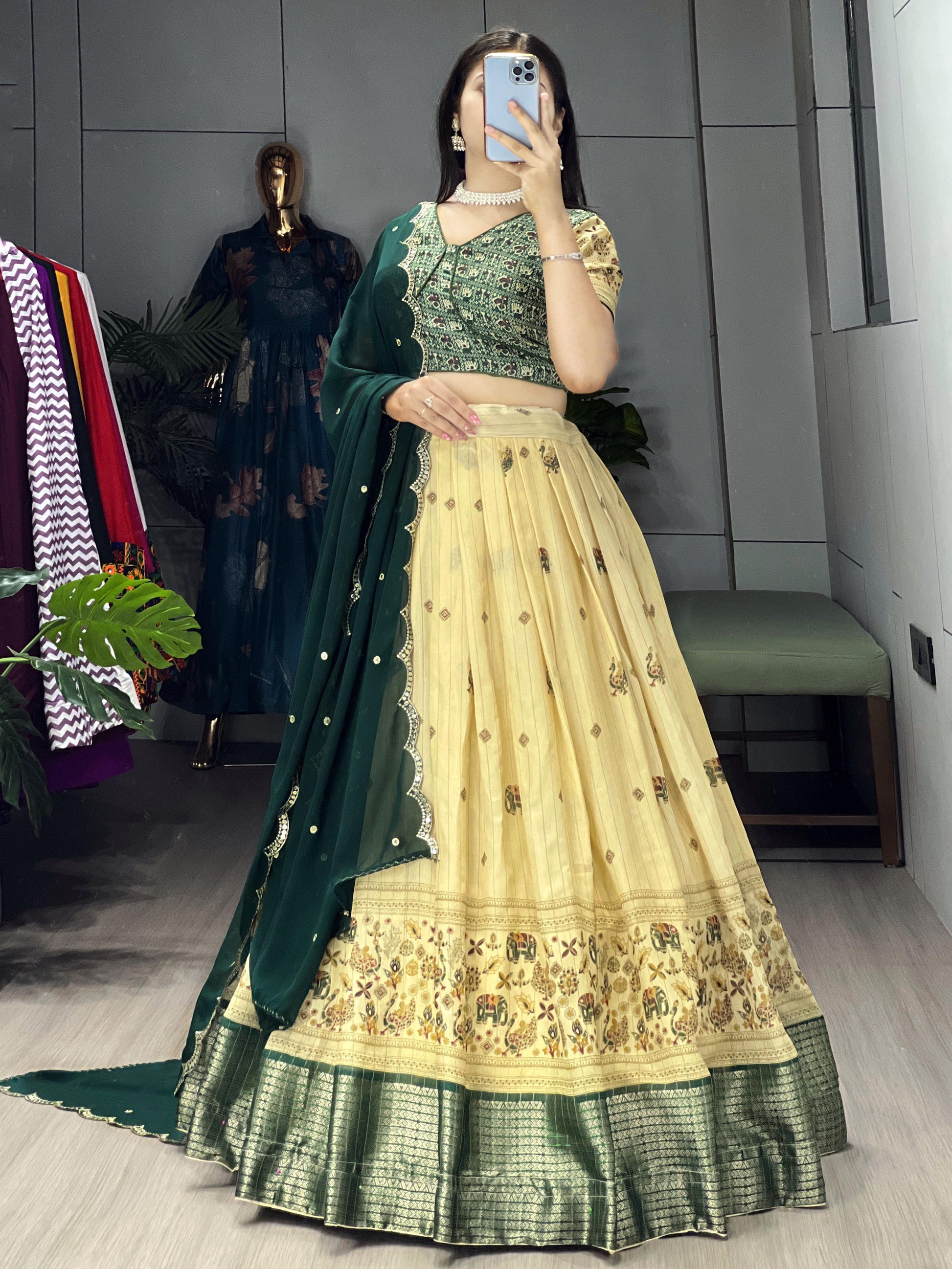 green Kalamkari Soft Silk Lehenga Set - My Store