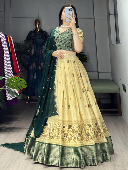 green Kalamkari Soft Silk Lehenga Set - My Store