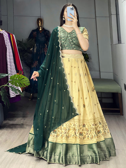 green Kalamkari Soft Silk Lehenga Set - My Store