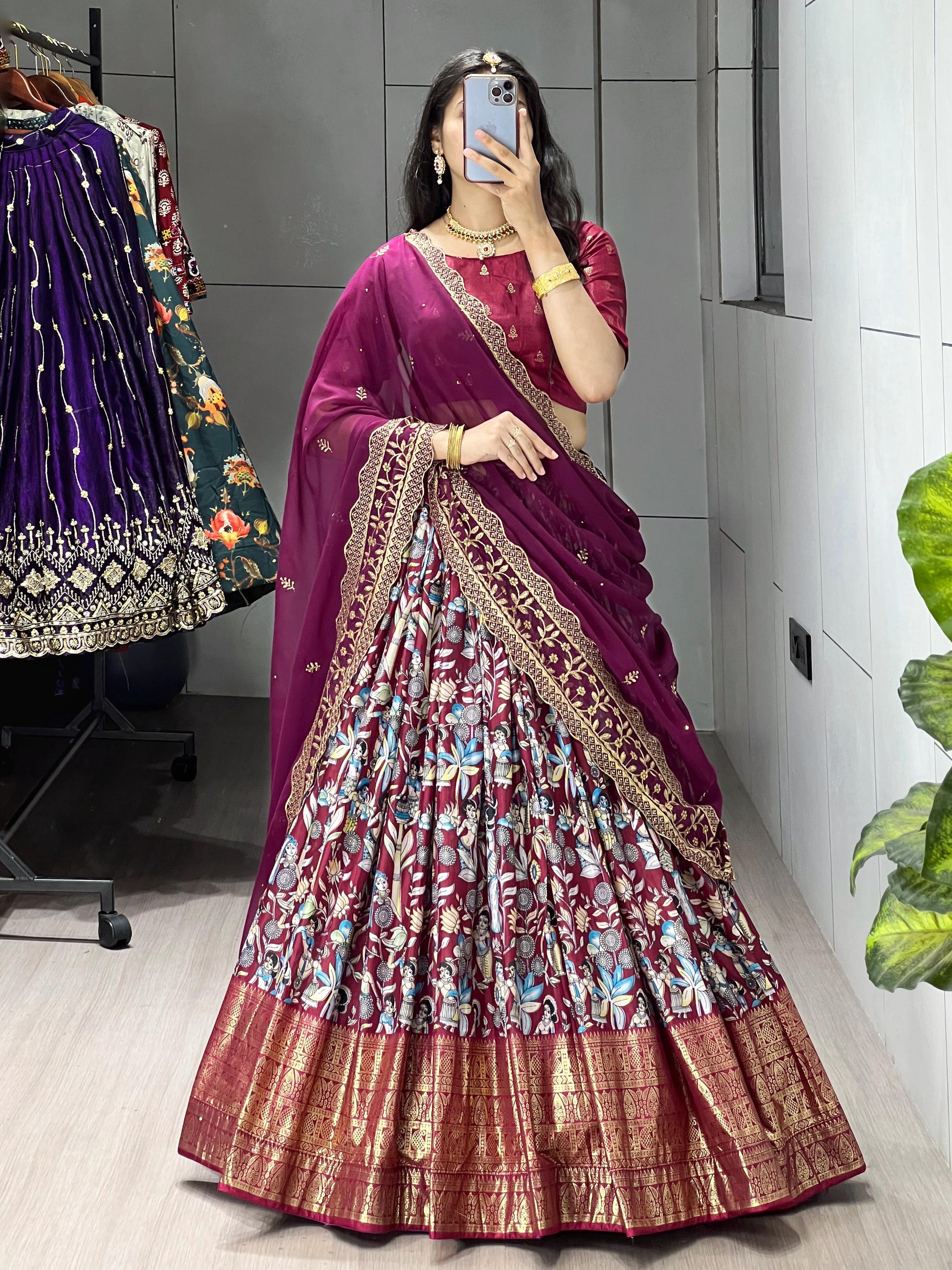 Kalamkari Lehenga Collection  Look attractive wearing an Indian Kalamkari highly popular lehengas. &nbsp Light and Dark Beautiful Contrast Matching Colors - My Store
