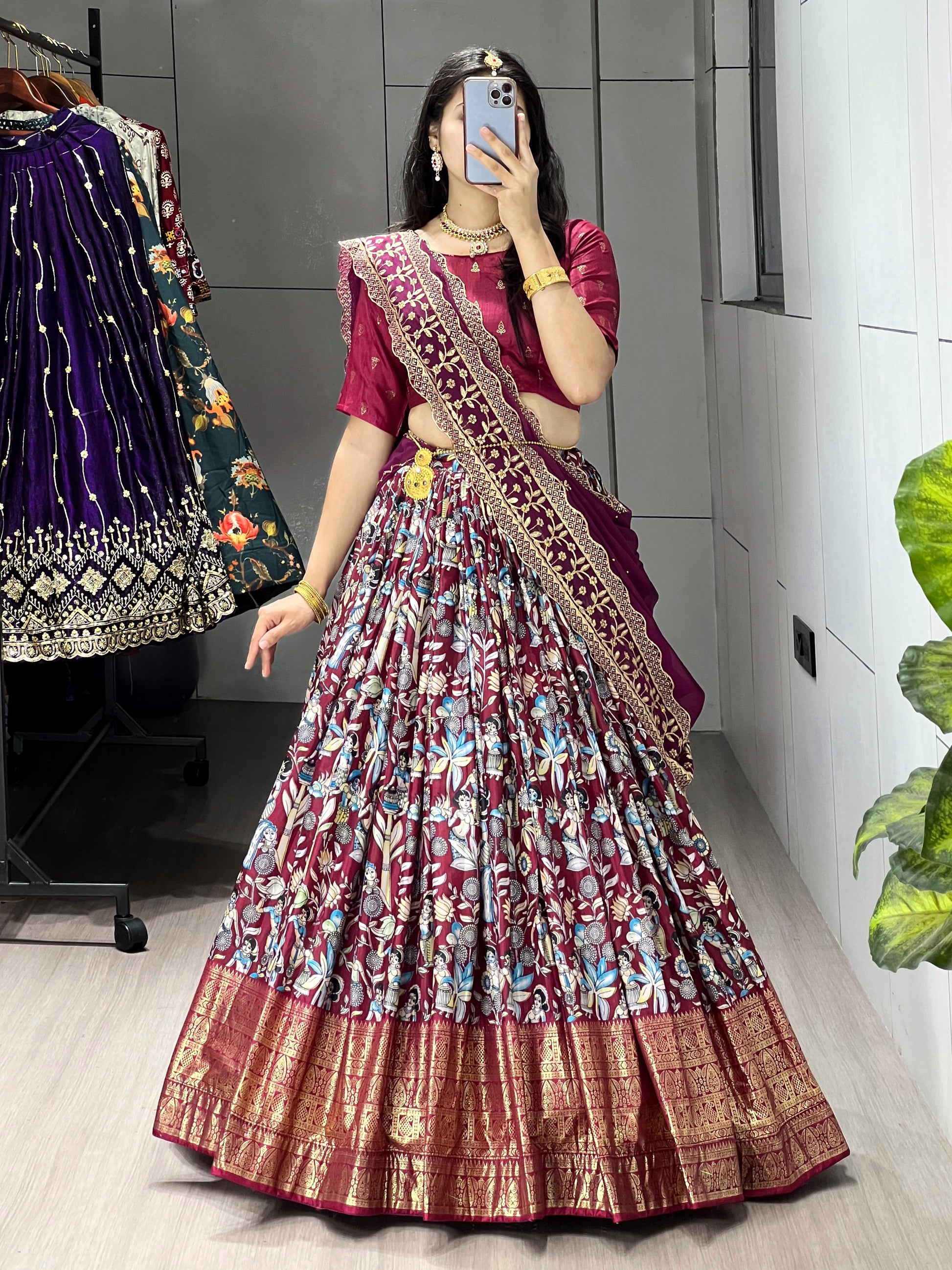 Kalamkari Lehenga Collection  Look attractive wearing an Indian Kalamkari highly popular lehengas. &nbsp Light and Dark Beautiful Contrast Matching Colors - My Store