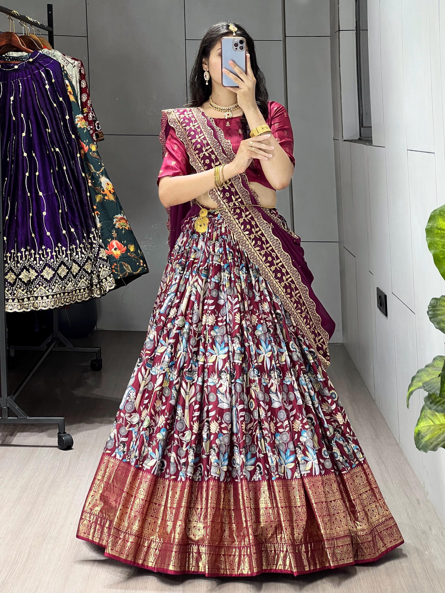 Kalamkari Lehenga Collection  Look attractive wearing an Indian Kalamkari highly popular lehengas. &nbsp Light and Dark Beautiful Contrast Matching Colors - My Store