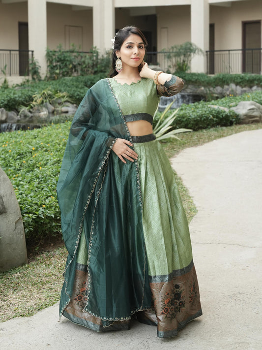 Traditional lehenga choli with a blend of vibrant colors and intricate designs, showcasing contemporary elegance.