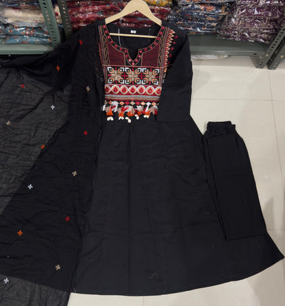 Maroon embroidered Anarkali Kurta set with matching dupatta, detailed embroidery, and elegant traditional style.