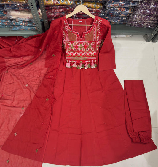 Maroon embroidered Anarkali Kurta set with matching dupatta, featuring intricate embroidery and traditional design.