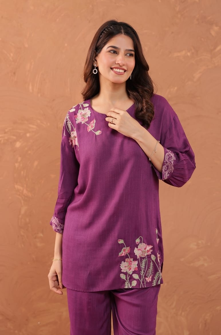 ADHIRA PURPLE EMBROIDERED CO-ORD SET - My Store