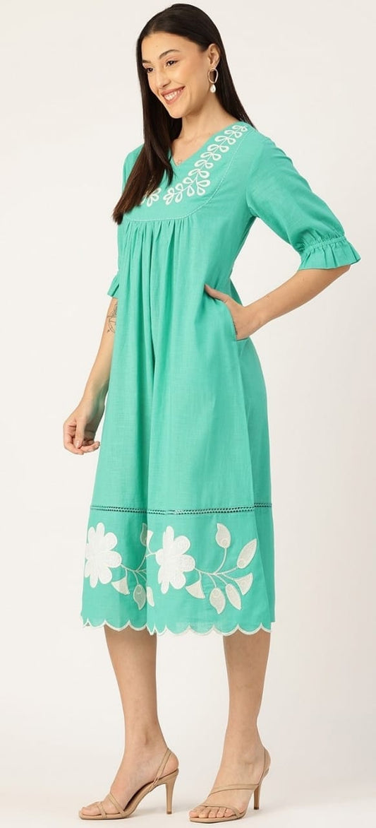 FLORA GREEN EMBROIDERED DRESS - My Store