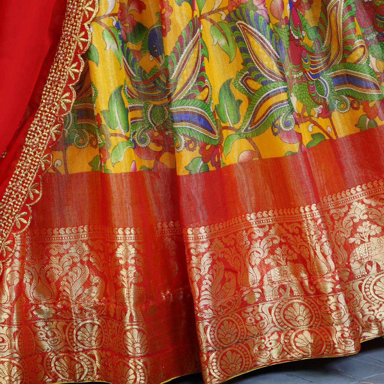 Pure Mysore Silk Kalamkari Lehenga With Embroidery and Hand Work Dupatta - My Store