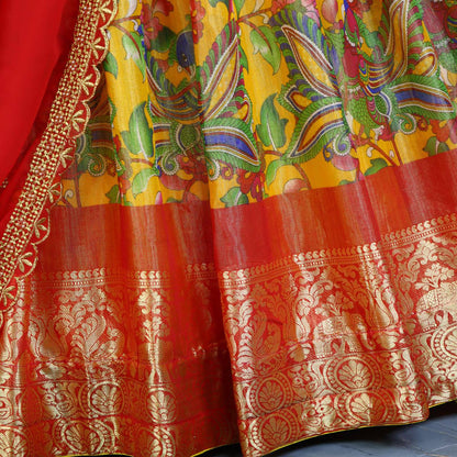 Pure Mysore Silk Kalamkari Lehenga With Embroidery and Hand Work Dupatta - My Store