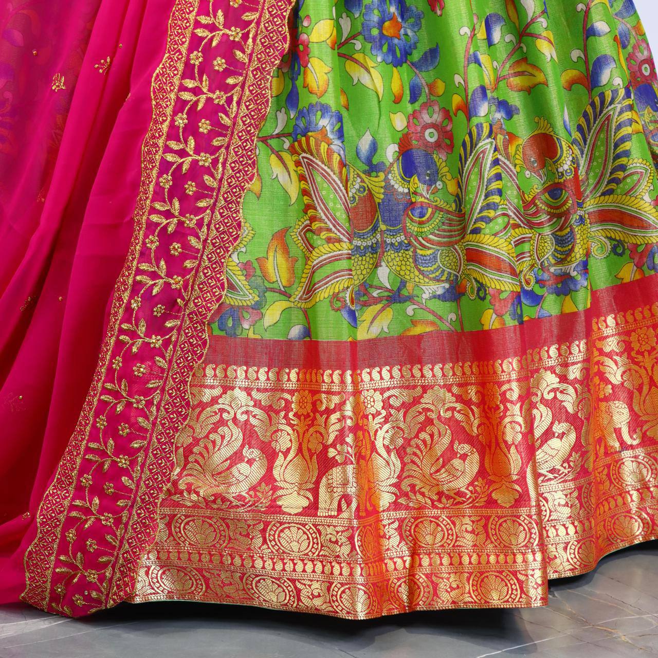 Pure Mysore Silk Kalamkari Lehenga With Embroidery and Hand Work Dupatta - My Store