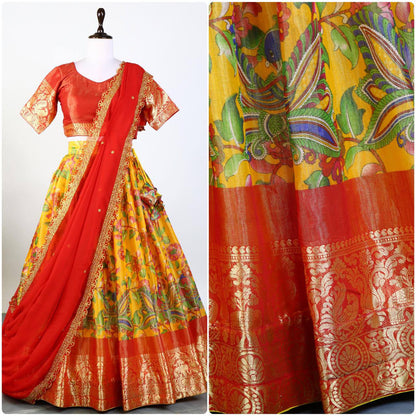 Pure Mysore Silk Kalamkari Lehenga With Embroidery and Hand Work Dupatta - My Store