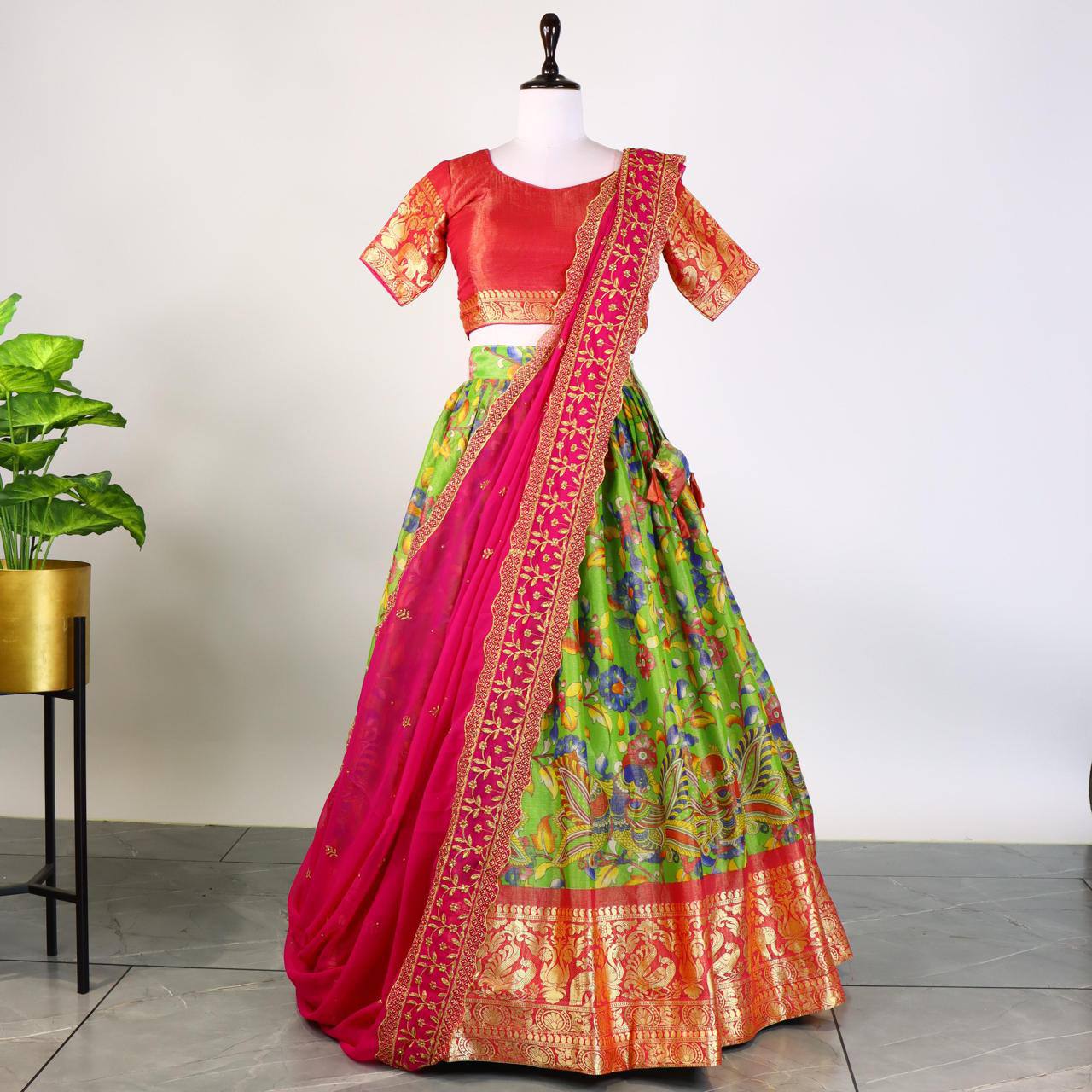 Pure Mysore Silk Kalamkari Lehenga With Embroidery and Hand Work Dupatta - My Store
