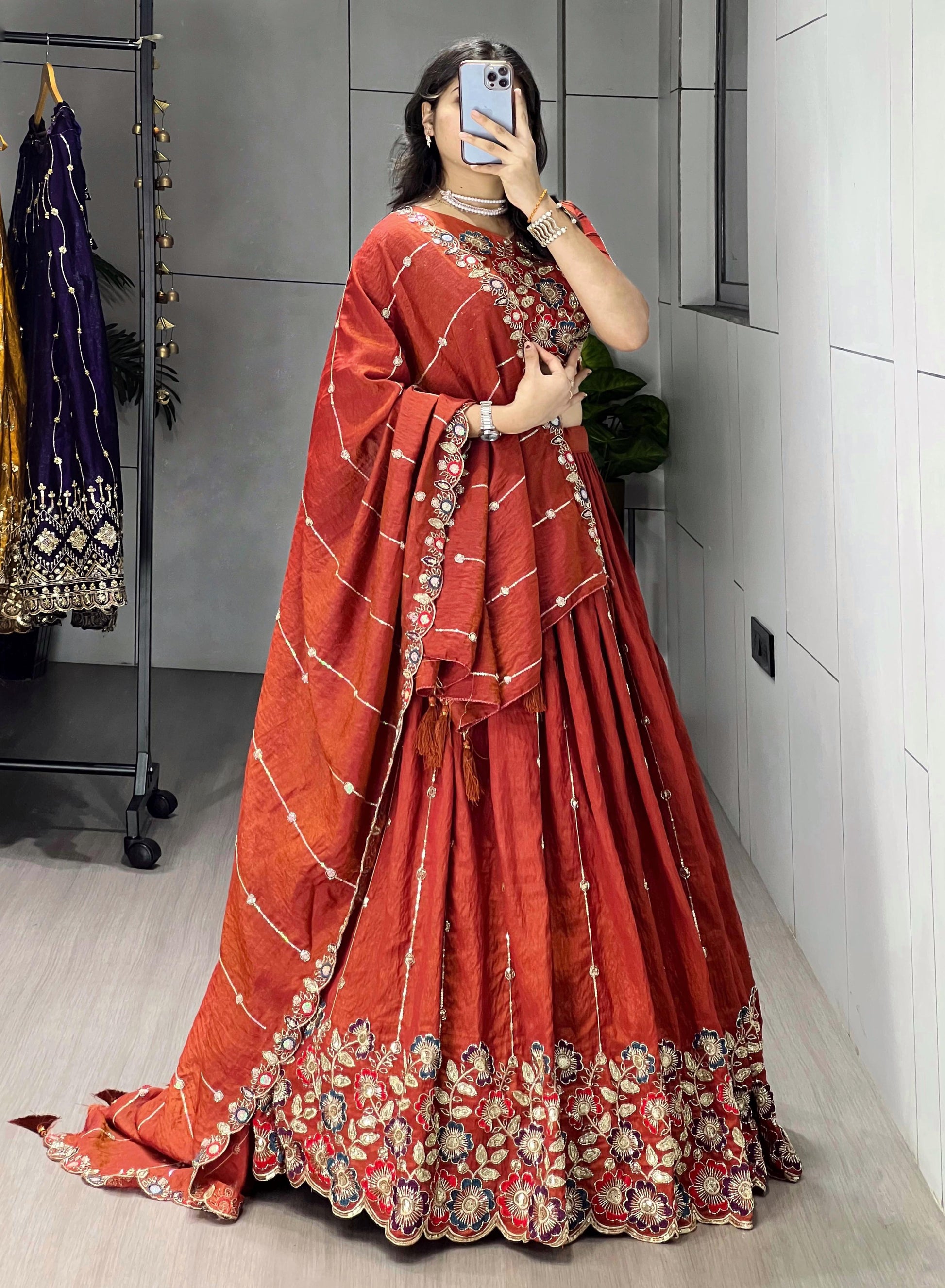 Rust Orange Embroidery Lehenga - My Store