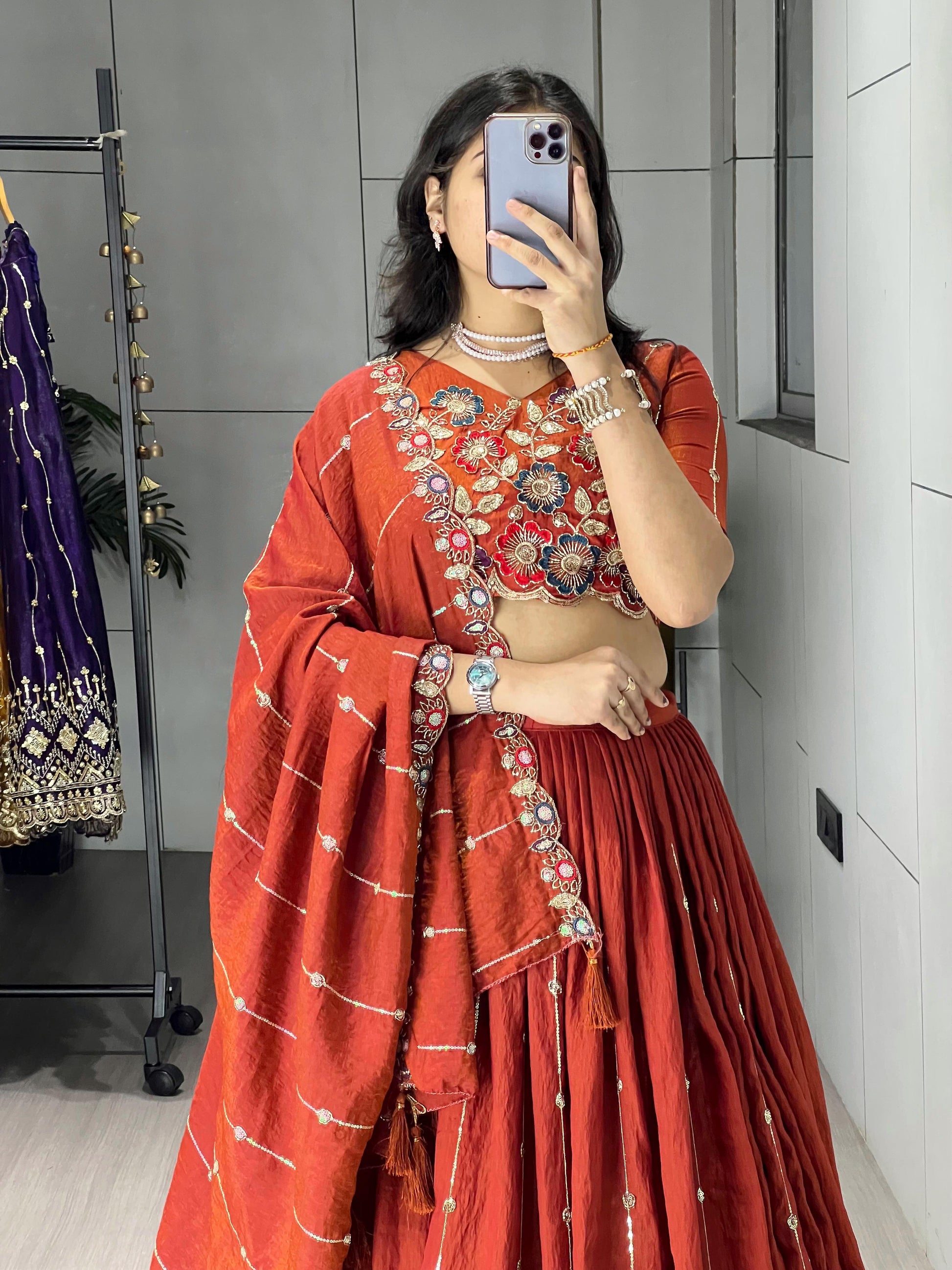 Rust Orange Embroidery Lehenga - My Store