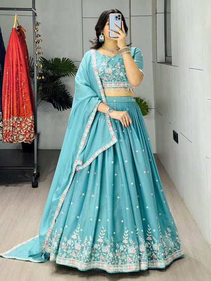 Sky Wedding Embroidery Lehenga - My Store