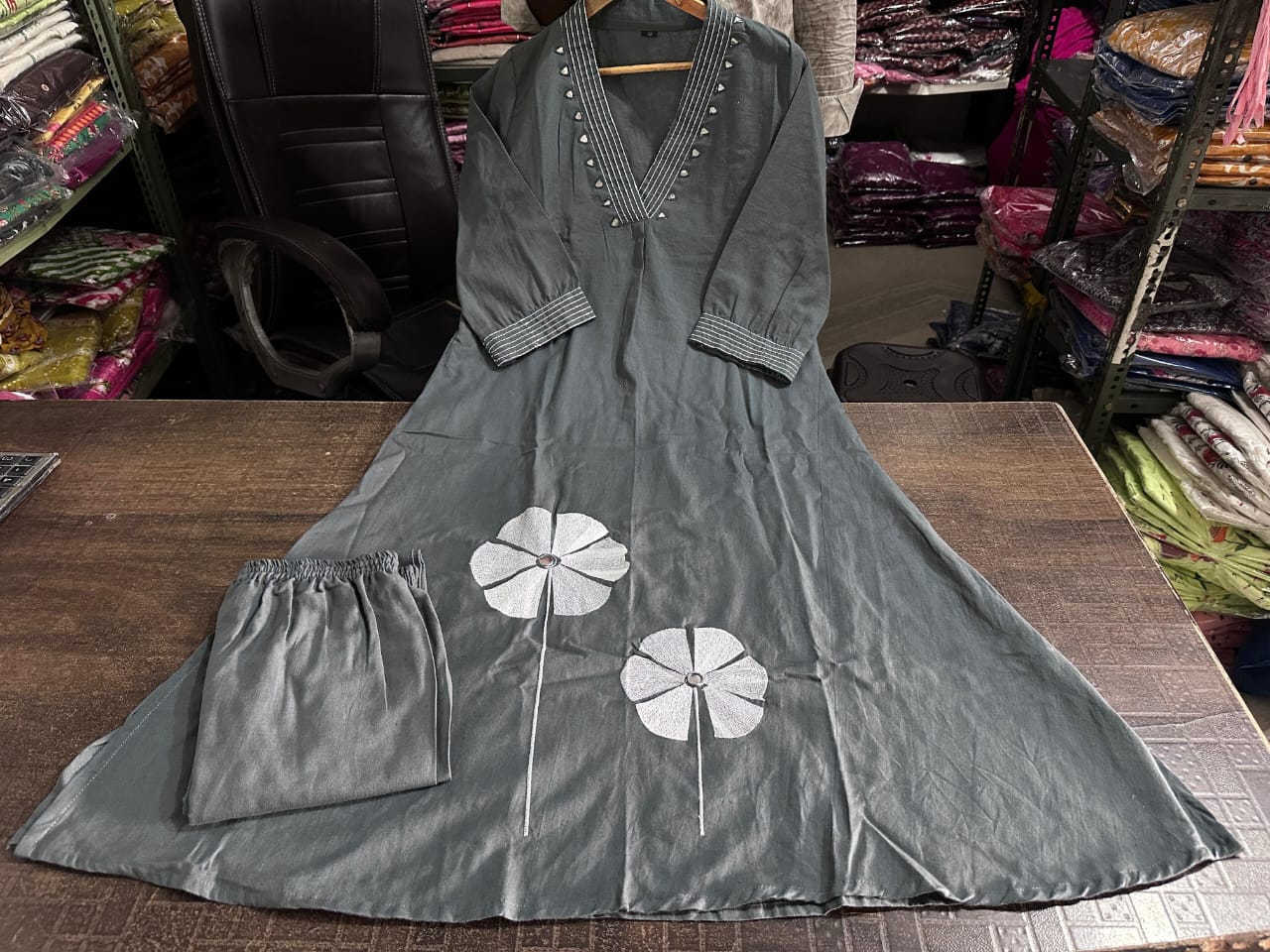 Elegant Flaired Cotton Kurta Set with Full Embroidery - My Store