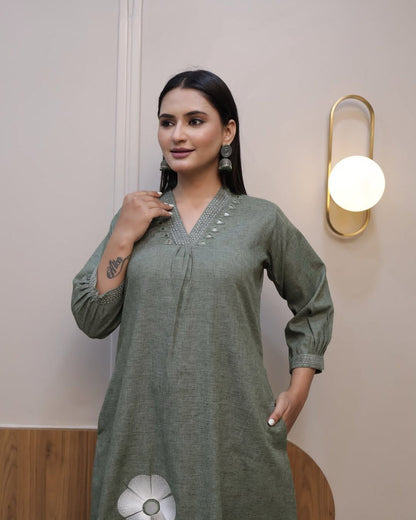 Elegant Flaired Cotton Kurta Set with Full Embroidery - My Store